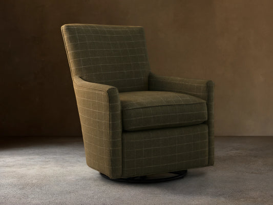 Front view of the green windowpane plaid Walton Swivel Glider with a high back and black circular base.
