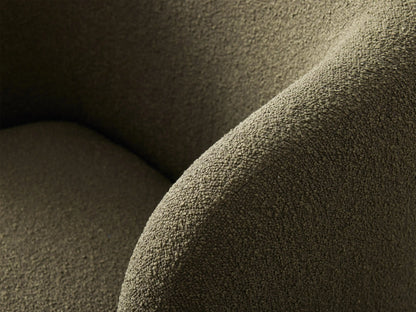 Lenny Swivel Chair: Compact, olive green boucl?? fabric chair with a rounded, low back, on a wooden floor.