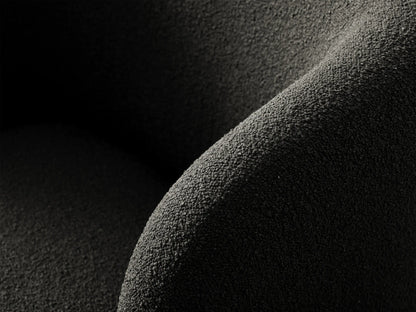 Modern Lenny Swivel Chair in dark gray textured fabric, with a curved back and round base, centered on a wood floor.