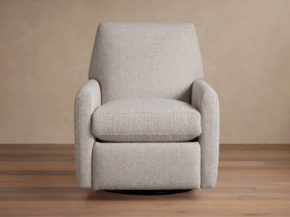 Harvey Swivel Recliner upholstered in light gray textured fabric, upright and facing forward on a wooden floor.