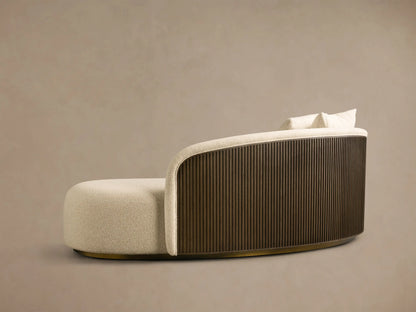 Rear view of the cream Finnley Daybed with an ebony slatted wood back and two matching throw pillows.