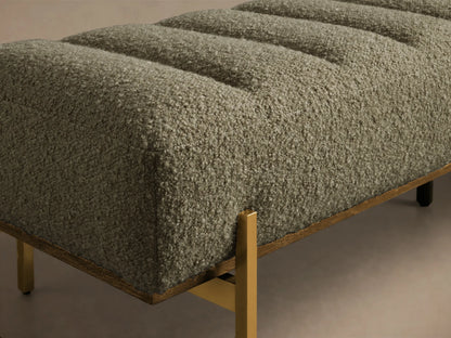 Front view of a green bouclé Lansing Bench with channel tufting and gold-tone metal legs.