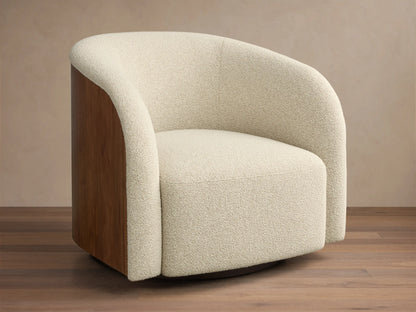Front-side view of a cream upholstered swivel armchair with a curved back and a medium brown wood side panel.