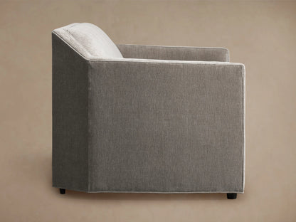 Marina Sofa in gray fabric, featuring a modern, angular design with a cushioned seat and backrest, shown against a neutral background.