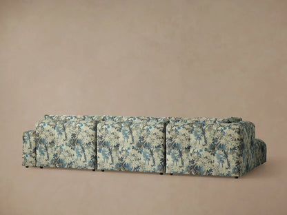 Close-up of Keegan Four Piece Sectional's blue, teal, beige, and brown floral upholstery on tufted cushions and backrests.