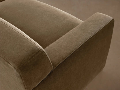 Bronte Sofa, modern two-seater in olive green fabric, with wide straight arms & two plush cushions on a wooden floor.