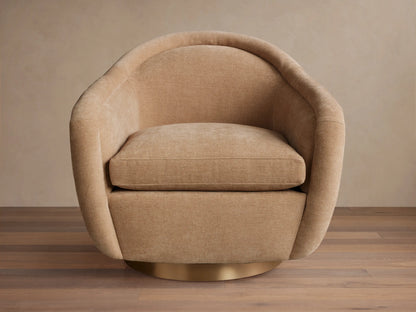 Two brown textured Ashbury Swivel Chairs in a living room, flanking a beige sofa and wooden coffee tables.