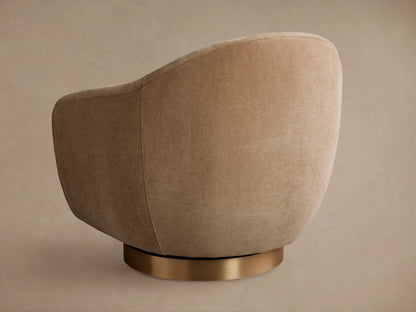 Close-up of the Ashbury Swivel Chair in light beige textured fabric, showing rounded back, arms, and seat cushion.