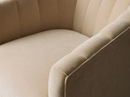 Cream Ellison Channel-Stitched Swivel Chair, curved back with vertical stitching, black swivel base on a wood floor.