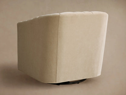 Ellison Channel-Stitched Swivel Chair in light beige, close-up. Curved backrest features vertical channel stitching.