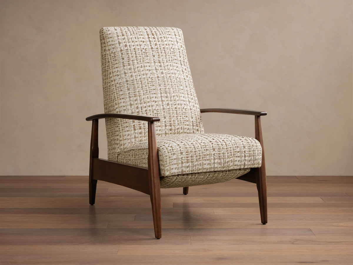 Front view of a Mid-century high-back armchair with dark brown wood frame and cream textured woven fabric upholstery.