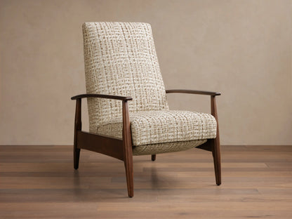 Front view of a Mid-century high-back armchair with dark brown wood frame and cream textured woven fabric upholstery.