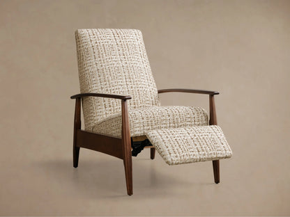 Mid-century recliner chair with light brown and cream textured upholstery, dark wood frame, and an extended footrest.