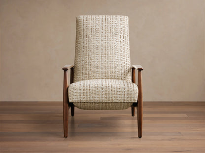 Front view of a Mid-century high-back armchair with dark brown wood frame and cream textured woven fabric upholstery.