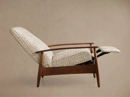 Front view of a high-backed armchair with textured cream and beige woven upholstery and dark wood frame with light wood armrest caps.