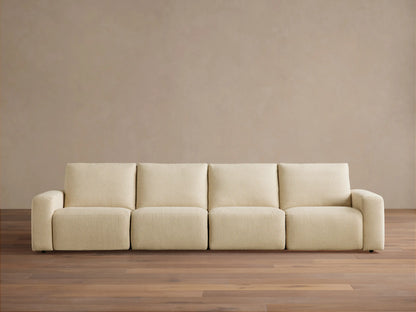 Brennan Four-Piece Motion Sectional sofa, light beige textured fabric, front view on a wooden floor.