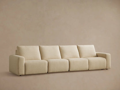 Brennan Four-Piece Motion Sectional sofa, light beige textured fabric, front view on a wooden floor.