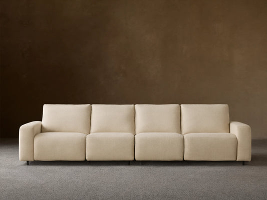 Brennan Four-Piece Motion Sectional sofa, light beige textured fabric, front view on a wooden floor.