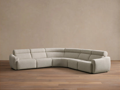 Front view of the light beige Fia Five-Piece Motion Corner Sectional, a curved sofa with textured fabric and segmented cushions.