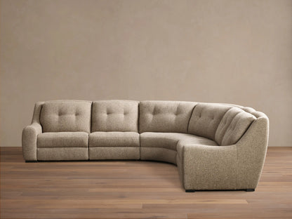 Front view of the light beige heathered L-shaped Perry Five-Piece Motion Corner Sectional with button-tufted backs.