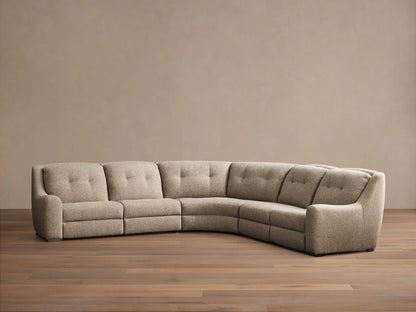 Front view of the light beige heathered L-shaped Perry Five-Piece Motion Corner Sectional with button-tufted backs.