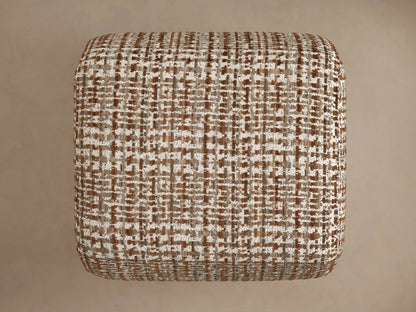 Textured ottoman with a brown and white woven pattern, showcasing a rectangular shape with a detailed close-up of the fabric design.