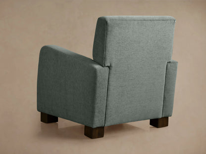 Kershaw Chair in textured gray fabric, featuring wide padded armrests and a cushioned backrest, set against a neutral background.