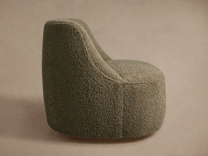 Sonny Swivel Chair, rounded barrel-style with olive green bouclé fabric, viewed from the back-right on a neutral background.