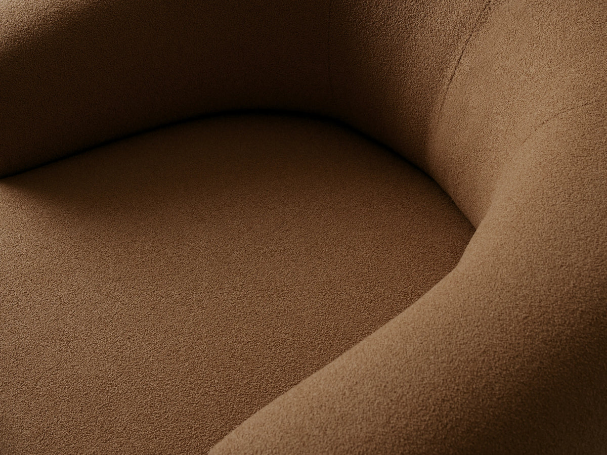Light brown boucle swivel armchair with a rounded back and deep seat, shown frontally on a light wood floor.
