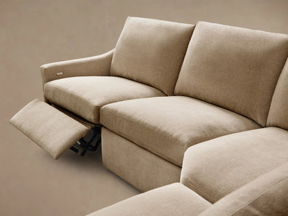 Close-up of the beige woven fabric and silver two-button motion control on the Kipton Slope Arm Six-Piece Motion Sectional.
