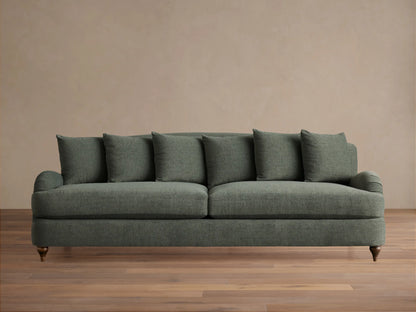 Hanover Sofa in deep greenish-grey textured fabric, with 3 seat & 5 back cushions, rolled arms, on wood floor.