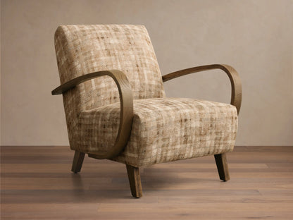Front view of Gabel Chair, upholstered in beige and brown plaid fabric, with curved light wood armrests and tapered legs.