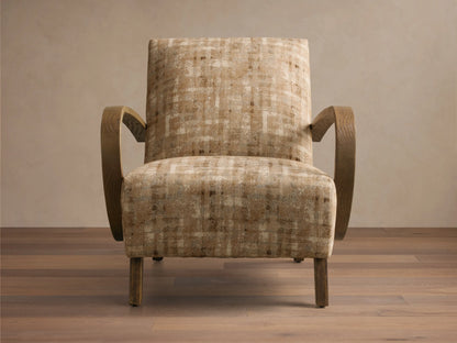 Front view of Gabel Chair, upholstered in beige and brown plaid fabric, with curved light wood armrests and tapered legs.