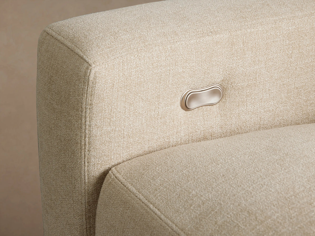 Light beige Remington Five-Piece Motion Corner Sectional sofa, arranged left-to-right, on a wood floor against a plain wall.