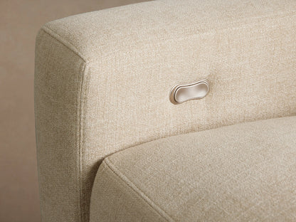Light beige Remington Five-Piece Motion Corner Sectional sofa, arranged left-to-right, on a wood floor against a plain wall.