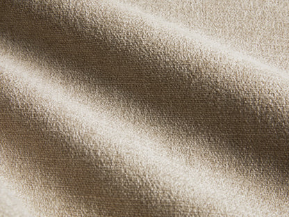 Rear view of the light beige Remington Elevated Sofa, with two back cushions and rich mocha finish 6" elevated feet.