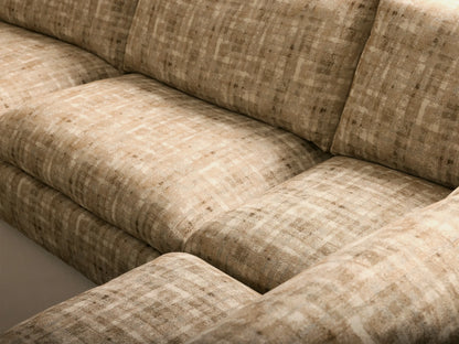 Close-up of the beige and brown abstract grid pattern on the Performance Fabric of the Calistoga Eight-Piece Sectional.