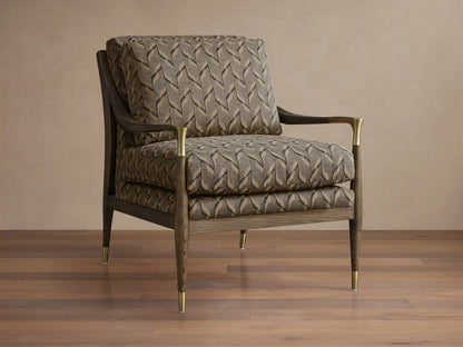 Fisher Chair: Dark wood frame with mocha finish, beige & brown geometric patterned upholstery, brass accents on legs & arms.