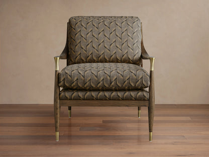 Fisher Chair: Dark wood frame with mocha finish, beige & brown geometric patterned upholstery, brass accents on legs & arms.