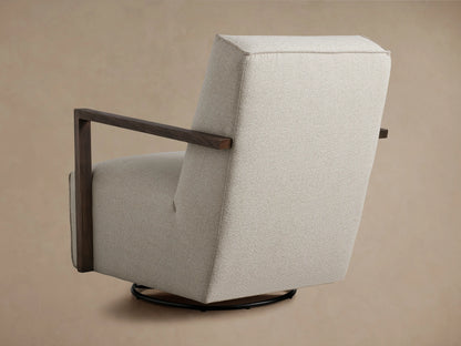 Walsh Glider with beige fabric and dark wooden armrests, showcasing textured upholstery and smooth surface finish.