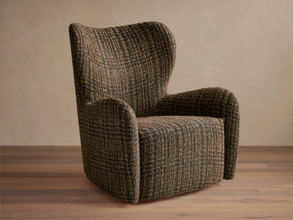 Gemma Swivel Chair with a textured, tweed-like fabric in earthy tones; curved backrest and armrests on a wooden floor.