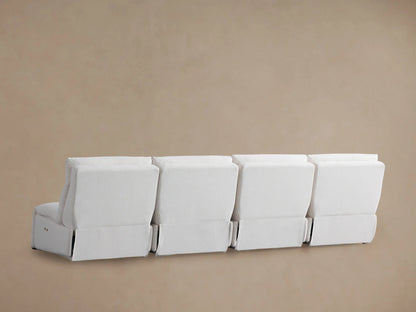 Close-up of the light, textured fabric on the backrests and seat cushions of the armless Rowland modular sofa.