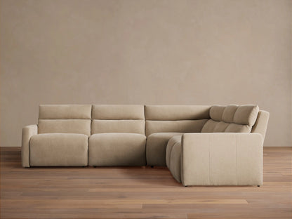 Rowland Tailored Five-Piece Motion Corner Sectional in light beige fabric, L-shaped, right section slightly reclined.
