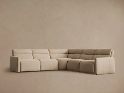 Rowland Tailored Five-Piece Motion Corner Sectional in light beige fabric, L-shaped, right section slightly reclined.