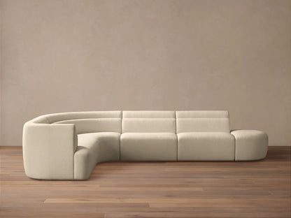 Lovina Five-Piece Sectional: cream textured L-shaped sofa with curved arm, straight sections, & ottoman on wood floor.