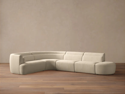 Lovina Five-Piece Sectional: cream textured L-shaped sofa with curved arm, straight sections, & ottoman on wood floor.