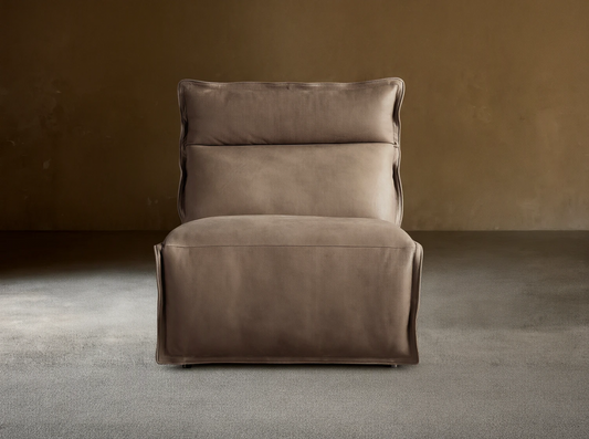 Rowland Leather High-Back Armless Motion Recliner in taupe leather, front view, against a light wall and wood floor.