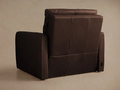 Dark brown tailored leather Rowland high-back motion recliner, shown fully reclined from a side view.