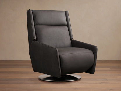 Dark leather Hurley Motion Swivel Chair on wooden floor, featuring sleek lines, high backrest, and metal swivel base in a neutral room.
