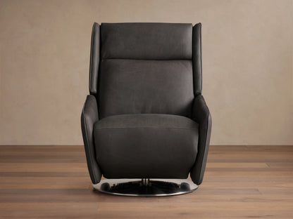 Dark leather Hurley Motion Swivel Chair on wooden floor, featuring sleek lines, high backrest, and metal swivel base in a neutral room.